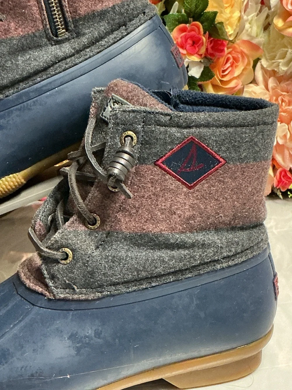 Sperry Saltwater Wool Duck Boots Women’s 8M Navy Gray Waterproof Zip Lace
